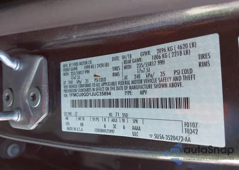 2018 Ford Escape Se from USA, damaged, VIN 1FMCU0GD1JUC35894